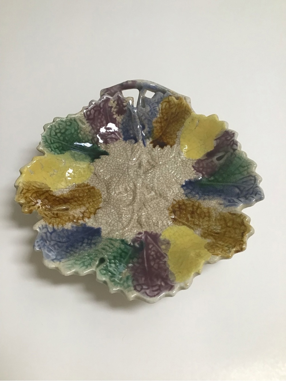 Antique Majolica Leaf Plate 1880's ? Morley & Co. Wellsville OH  7x7” Colorful - Picture 12 of 13
